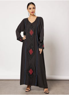 Buy Jersey Abaya With Red Contrasting Panel And Front Embroidery in UAE