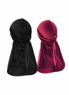 اشتري Velvet Durag Men Women Unisex, Soft Durag Headwraps with Extra Long Tail and Wide Straps Perfect for 360 Waves Headwraps Pirate Cap Bandana Turban Hat, 2 Pieces في الامارات