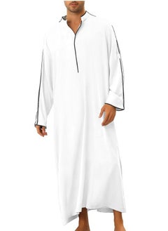 Buy Men's Muslim Loose Casual Robe Thobe Stand Collar Long Sleeve Kaftan White in Saudi Arabia