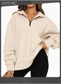 Buy Women Autumn and Winter Warm Long Sleeve Half Zipped Cropped Pullover Solid Pattern Fleece Outdoor Windproof Hoodies  Beige in Saudi Arabia