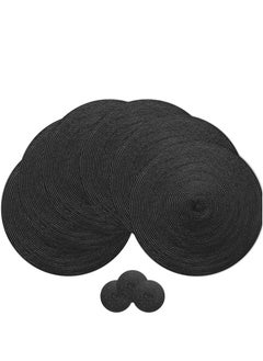 اشتري Round Braided Placemats Set of 6 Washable Round Table Mats, Cotton Polyester Woven Heat Resistant Place mats, Non-Slip Dining Tables Polypropylene PlaceSet(Black) في الامارات