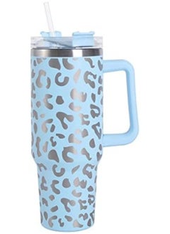 Buy 40 oz Tumbler Leopard Design with Handle Straw And Lid Stainless Steel Thermos Mug Coffee Cup Outdoor Car Mug Sports Travel(Sky Blue) in UAE