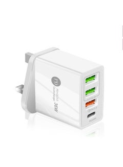 اشتري 36W USB C PD Fast Charger,4 Ports Type C QC3.0 Wall Charger UK Adapter Plug Compatible (White) في الامارات