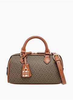 Buy Women Monogram Print Bowler Bag with Zip Closure and Double Handles in UAE