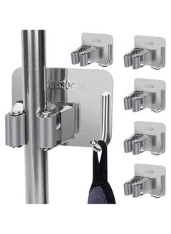 Buy 5-Piece Mop Broom Holder, Wall Mount Stainless Steel Holder,Tool Organizer with Hooks, Heavy Duty Hook Hanger, Silver in Saudi Arabia