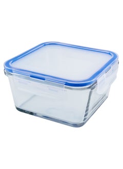 Buy 1200ml Square Glass Food Storage Container With Blue Lid in UAE