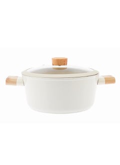 Buy Swiss Crystal High Quality Ceramic Coating Non-Stick Casserole - 26cm- Glass Lid With Protective Silicon Edge - Natural Wood Handles and Knob - Beige in UAE