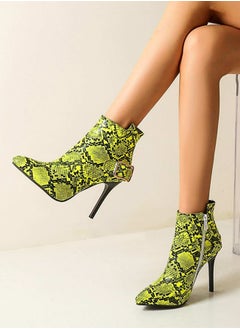 Buy Snakeskin Print Buckle Decor Side Zipper Stiletto Boots in UAE