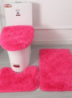 Buy Set of 3pcs Plush Bathroom Bath Mat Coral Color Anti Slip Toilet Rugs and Toilet Lid Cover in UAE