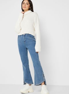Buy High-Waisted Jeans With Slit Detail Hem in UAE