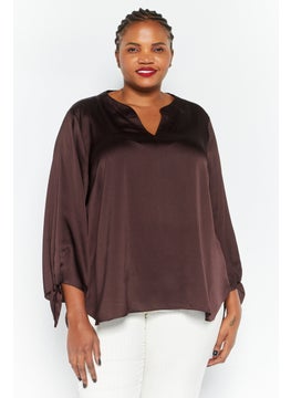 Buy Women Plus Size Split Neck Long Sleeves Textured Blouse, Chocolate Brown in UAE