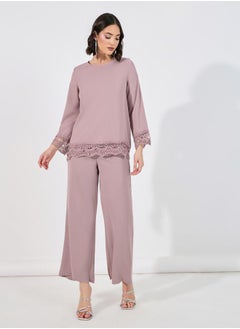 Buy Lace Insert Top & Wide Leg Pants Modest Set in Saudi Arabia