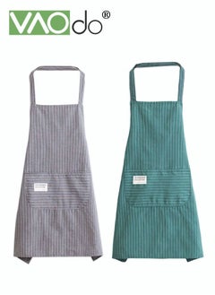 Buy Adjustable Kitchen Cooking Apron Polyester-cotton Women/Men Chef Aprons with Big Pockets for Baking/Gardening/Household Cleaning 2 Pack (Grey/Green) in Saudi Arabia