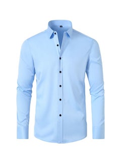 اشتري Men's Elastic Long Sleeve Shirt Solid Youth Men's Wear Non iron Shirt Blue في السعودية