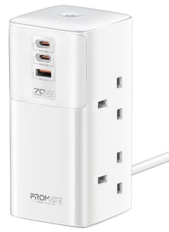 Buy Promate Charging Station 70W Multi-Port with USB-C Ports & Quad AC Sockets Universal 2500W, Tower Design Power Strip, 3m Cable Length in Saudi Arabia