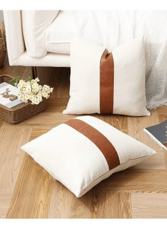 اشتري MAAC Home Set of 2 Cushion Cover  Brown White PU Leather Sofa Cushion Premium Modern Minimalist Elegant design for Sofa Couch Bed Chair (Cushion Cover Only) في الامارات