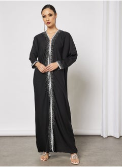 Buy Abaya With Contrasting Stone Work And Lace Embellishment in UAE