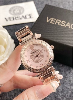 Buy Versace Women's Cubic Zirconia Classic Fashion Versatile Round Quartz Watch with Rose Gold Stainless Steel Strap Pink dial 32mm Gift in UAE