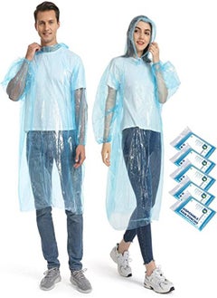 اشتري Disposable Rain Ponchos for Adult, 5Pcs Clear Rain Coat Jacket with Drawstring Hood and Elastic Sleeve for Women Men, for Travel Outdoor Amusement Park Hiking Emergency Disposable Poncho (Blue) في الامارات