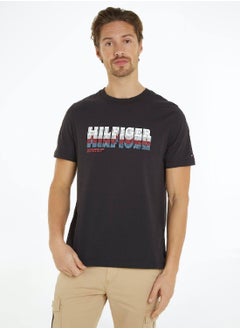 Buy Men's Faded Hilfiger Logo T-Shirt - Cotton, Black in Saudi Arabia