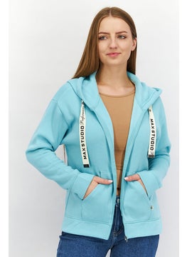 اشتري Women Hooded Plain Full Zip Sweatshirt, Turquoise في السعودية