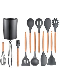 Buy 12 PCS Silicone Cooking Utensils Set 230℃ Heat Resistant Non-Stick Silicone Kitchen Utensil Set With Wooden Handles , BPA FREE Gadgets for Cookware,Bake，Kitchen Accessories,Gey in Saudi Arabia
