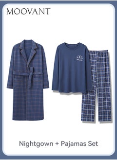 Buy 3-Piece Men's Pajamas Set Skin-friendly Cotton Home Wear Set Lattice Simple Robe Long Cotton Sleepwear Suit Soft Men Pyjamas Set Loose Skin Friendly Loungewear Blue in Saudi Arabia