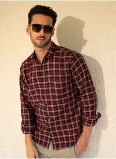 Buy Men's Slim Fit Red Casual Cotton Spread Shirt in UAE