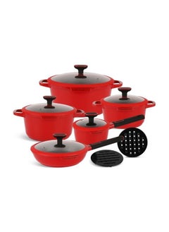 Buy EDENBERG 12 Pcs Die-Casting Aluminum Cookware Set | Cookware Combo of Saucepan & Pots with Glass Lids + Protective Handle Covers | Red Color Cookware Combo in UAE