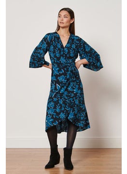 Buy Women Allover Print Belted Midi Dress, Blue/Navy in UAE