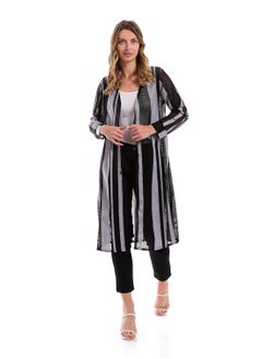 Buy Perforated Patterned Open Neckline Cardigan - Light Grey & Black in Egypt