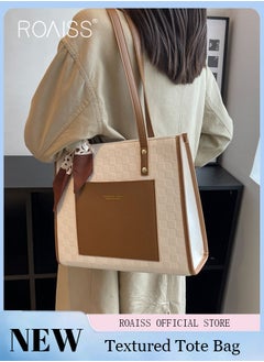 Buy Women Leather Two Tone Tote Bag Ladies Geometric & Letter Embossed Twilly Scarf Decor Shoulder Tote Bag Women's Large Capacity Commuter Shoulder Bag in Saudi Arabia