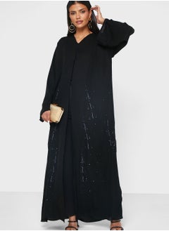 اشتري Embellished Front Open Black Abaya With Sheila في الامارات