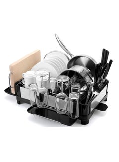 Buy Stainless Steel Large Capacity Dish Drying Rack with Drainboard Wine Glass Holder and Utensil Holder in UAE