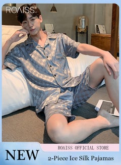 Buy 2 Piece Set Of Ice Silk Satin Plaid Printed Pajamas For Men Daily Wear Lapel Button Open Shirt And Elastic Waist Shorts Set Home Wear in UAE