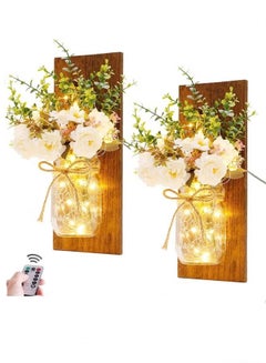 Buy Wall Decor Jar Sconces,Handmade Wall Art Hanging Design with Remote Control LED Fairy Lights and Roses,Set of Two Decorations Wall Home Decor Farmhouse Living Room Lights,Rustic Wall Sconces in Saudi Arabia