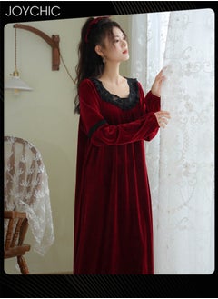 اشتري Long-sleeved Nightgown for Women Winter Palace Style Long Home Dress Gold Velvet Fabric Warm Pajamas Ladies Loose Loungewear Wine Red في السعودية