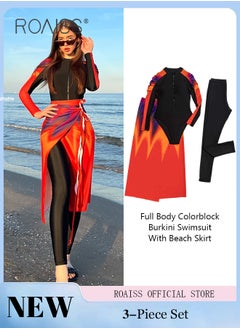 Buy 3 Piece Women Swimsuit Beach Sun Protection Clothing Conservative Style Long Sleeve Sun Protection Body Modification Printing Elements Contrasting Colors Various Matching Methods in Saudi Arabia