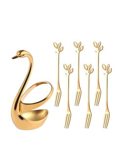 اشتري Decorative Swan Base Holder With 6pcs Dessert Forks Set - Creative Gold Leaf Dessert Forks - Premium Food Grade Stainless Steel - Mirror Finish (Gold Swan Base Holder+6pcs Forks) في الامارات