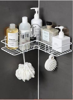 Buy 1-Piece Bathroom Rack Shower Shampoo Organizer Wall Mounted Storage Rack And Hooks White 26x12x4.5 Centimeter in UAE