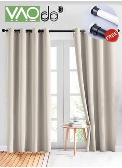 Buy 2 Panels 97% Blackout Curtains with Window Curtain Rods 2.7M Long Complete Drapes for Living Room Thermal Insulated Bedroom 2.1-2.6Wide Window Treatment Drapes Off White in UAE