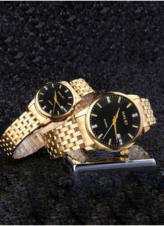 Buy HALEI 2-Piece Luxury Couple Watches Gold Tone Stainless Steel Quartz Calendar Wristwatch Rhinestone His and Her Watch Set in Saudi Arabia