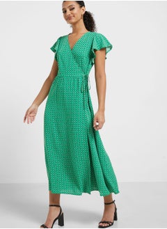 Buy Surplice Neck Ruffle Sleeve Dress in UAE