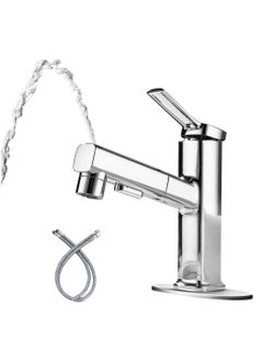 Buy Bathroom Sink Faucet with Pull Down Sprayer, Single Handle Fountain Faucet for Bathroom Modern One Hole Bathroom Faucet with Included Hoses (Chrome) in UAE