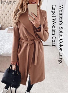 Buy Women's Fashionable Woolen Coat Autumn And Winter Thin Lapel Coat Classic V-Neck Long Sleeve Waist Tie Holiday Coat in Saudi Arabia