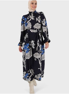 Buy Floral Print High Neck Puff Sleeve Dress in UAE