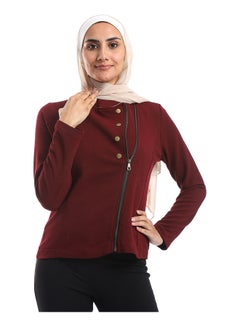 Buy Side Zipper Closure Band Collar Jacket - Burgundy in Egypt