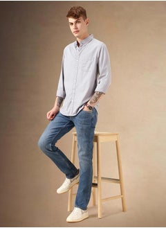 Buy Relaxed Fit Grey Cotton Casual Shirt Button Down Collar in UAE