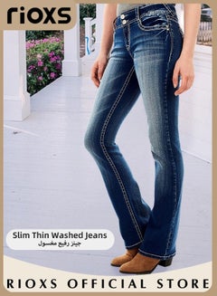 Buy Women's Denim Pants Curvy Bootcut Mid-Rise Stretch Juniors Classic Fit Jeans 90s Vintage High Stretch Mid Rise Straight Leg Ripped Jeans in Saudi Arabia