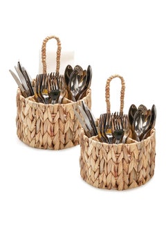 اشتري Water Hyacinth Woven Utensil Caddy with Handle, Silverware Caddy Flatware Caddy Kitchen Organizer, Hand Woven Wicker Flatware Cutlery Caddy for Kitchen Dining Table Picnic (2 PCS) في السعودية